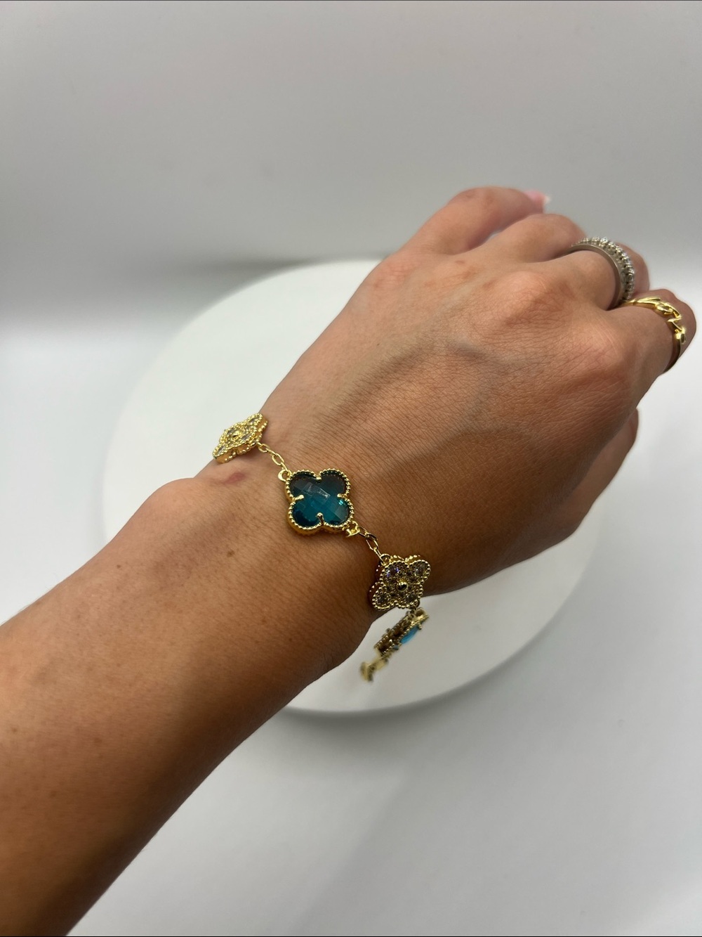 150. 18k Gold Plated Clover Bracelet w/ Blue Stone & Crystals.  7 1/2” - 8” - Picture 4 of 5